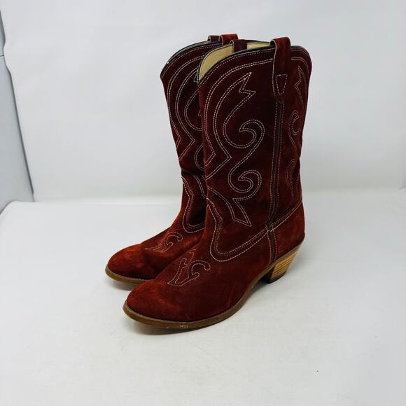 Vintage Western Suede Cowboy Boots Burgundy Stitch Detail Mid Calf Size 10M - Picture 1 of 16